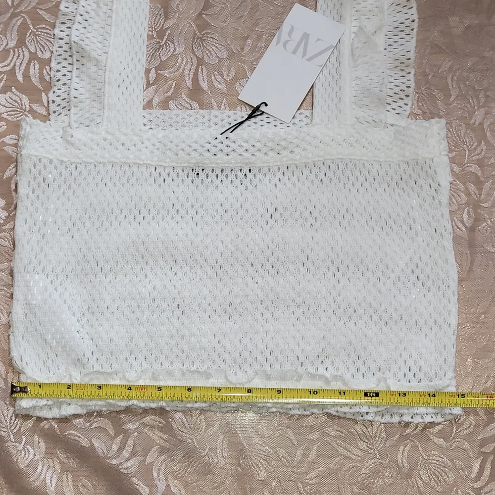 NWT Zara Cotton White Knit Ruffled Crop Top w/ Ruffle Straps Size Large - Picture 12 of 16